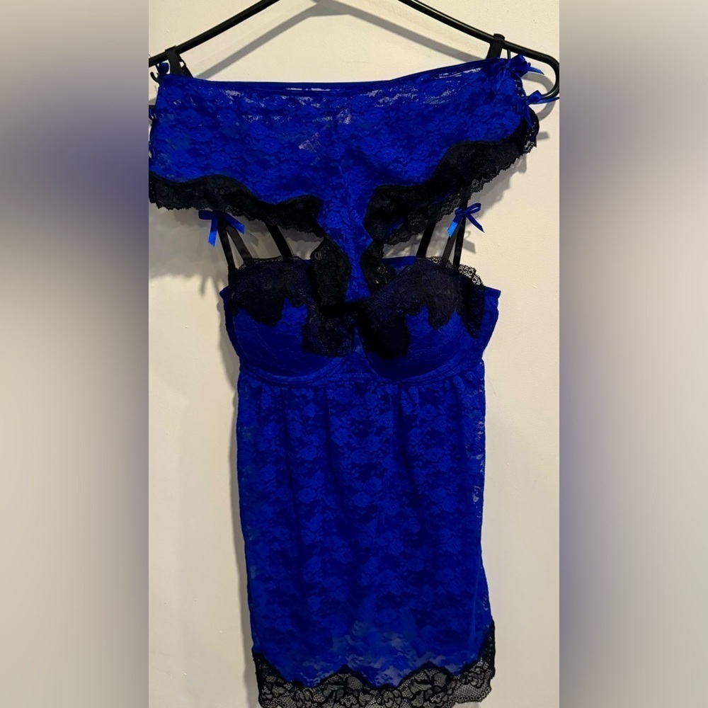 Set LA SENZA vintage push-up lace baby doll empire waist panties romantic bow S